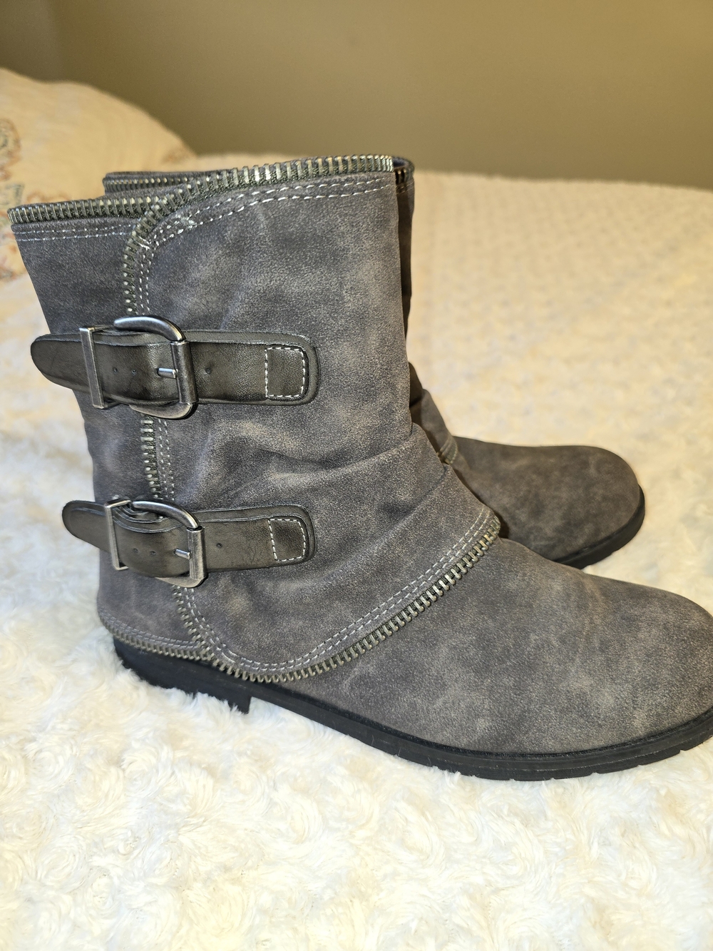 Women's Gray Buckle Moto Boots - Casual Ankle Boot